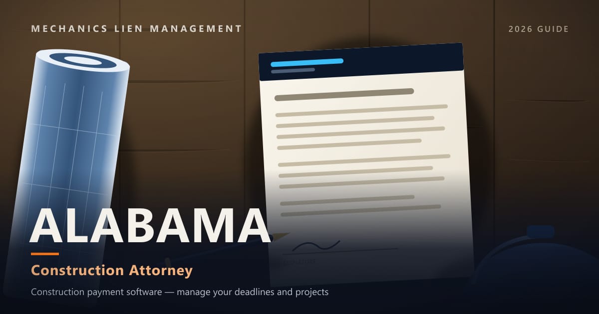 Alabama Construction Attorney — construction paperwork on a site desk with a blueprint roll and hard hat (Mechanics Lien Management Construction Attorney guide, 2026)