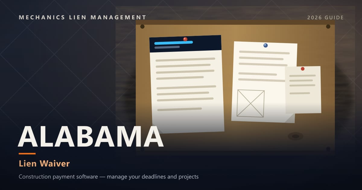 Alabama Lien Waiver — official construction notices posted on a jobsite permit board (Mechanics Lien Management Lien Waiver guide, 2026)