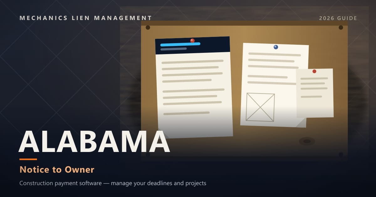 Alabama Notice to Owner — official construction notices posted on a jobsite permit board (Mechanics Lien Management Notice to Owner guide, 2026)