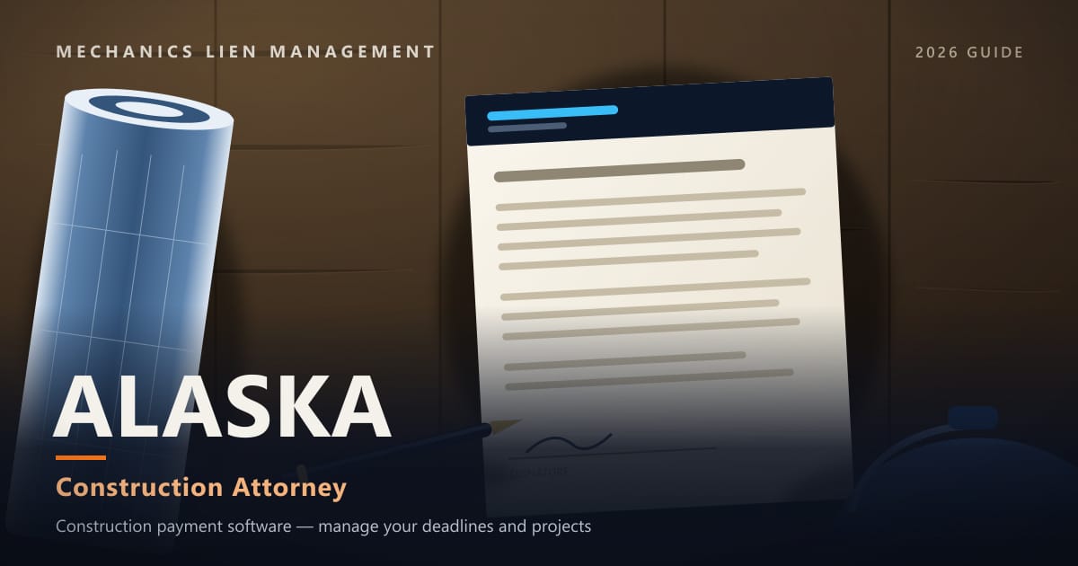 Alaska Construction Attorney — construction paperwork on a site desk with a blueprint roll and hard hat (Mechanics Lien Management Construction Attorney guide, 2026)