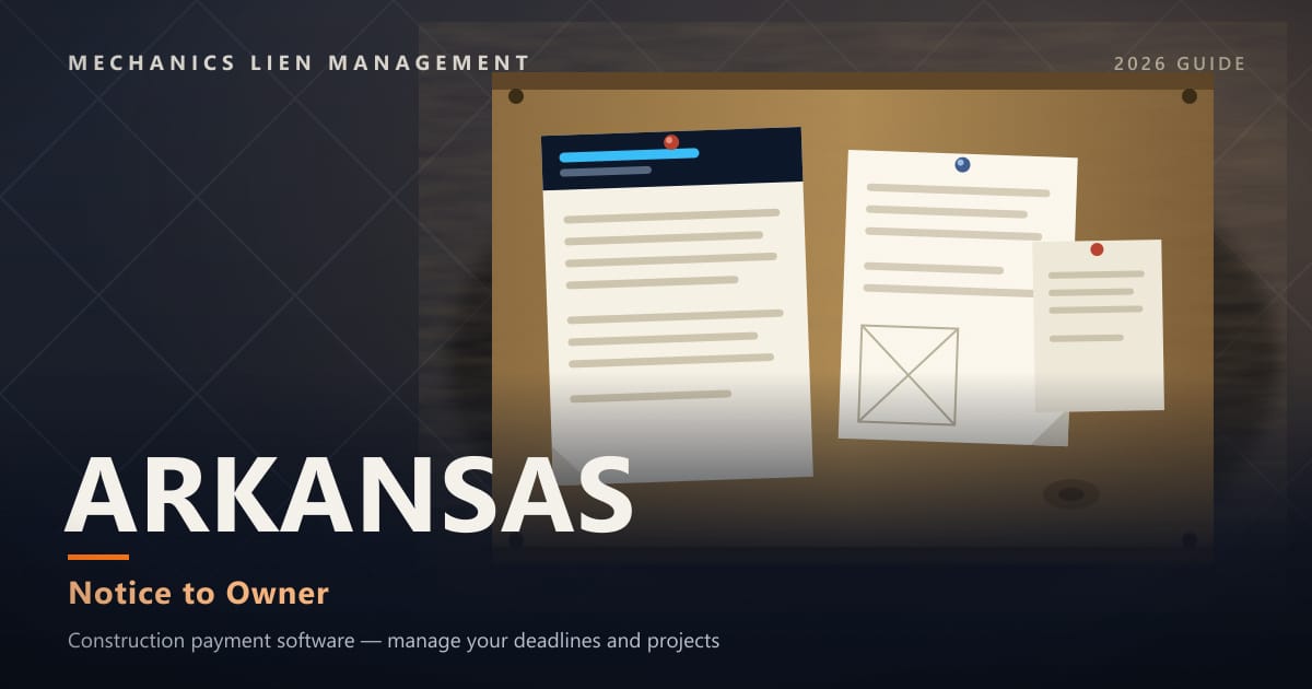 Arkansas Notice to Owner — official construction notices posted on a jobsite permit board (Mechanics Lien Management Notice to Owner guide, 2026)