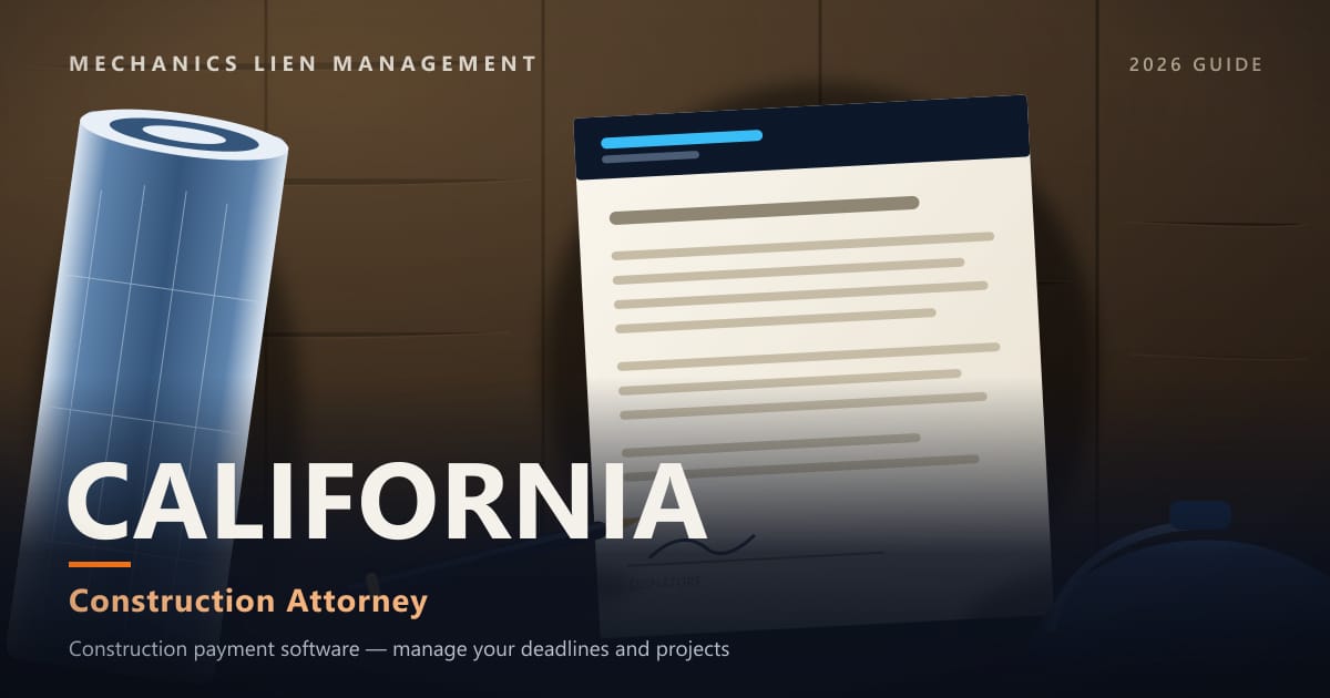 California Construction Attorney — construction paperwork on a site desk with a blueprint roll and hard hat (Mechanics Lien Management Construction Attorney guide, 2026)