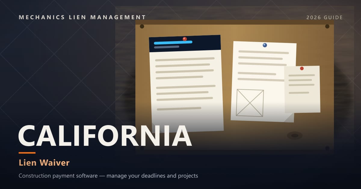 California Lien Waiver — official construction notices posted on a jobsite permit board (Mechanics Lien Management Lien Waiver guide, 2026)