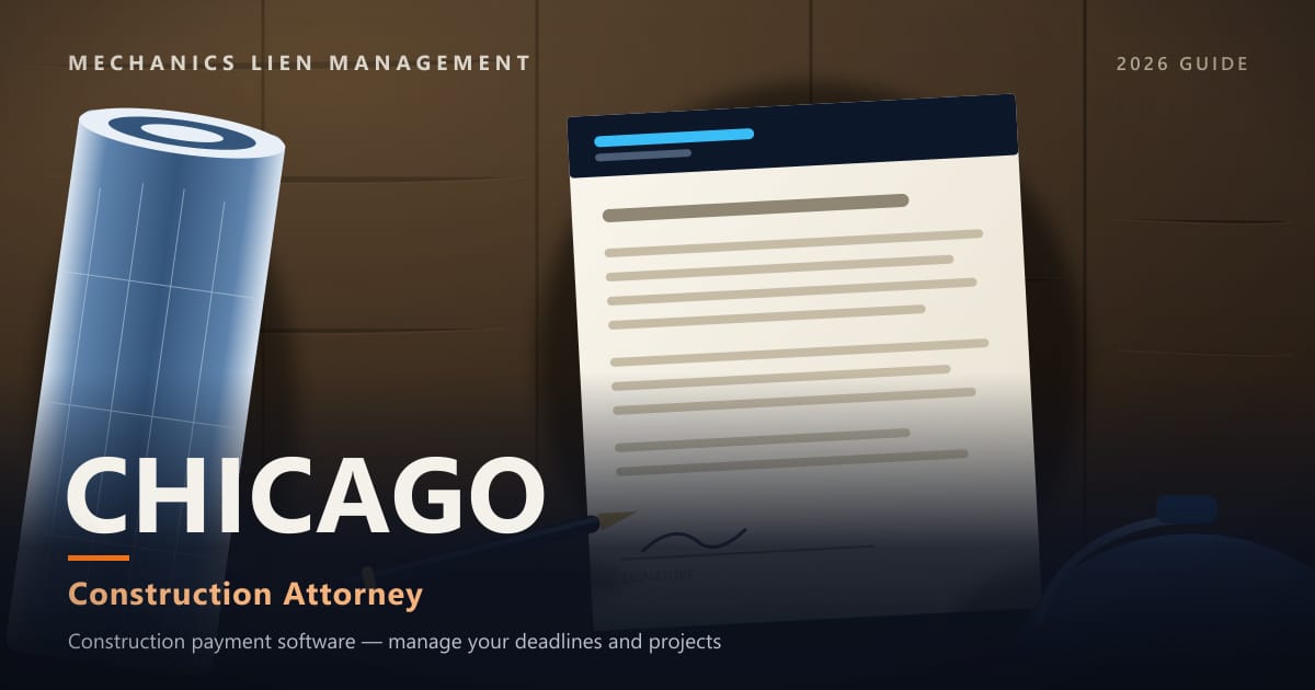 Construction Attorney — construction paperwork on a site desk with a blueprint roll and hard hat (Mechanics Lien Management Construction Attorney guide, 2026)