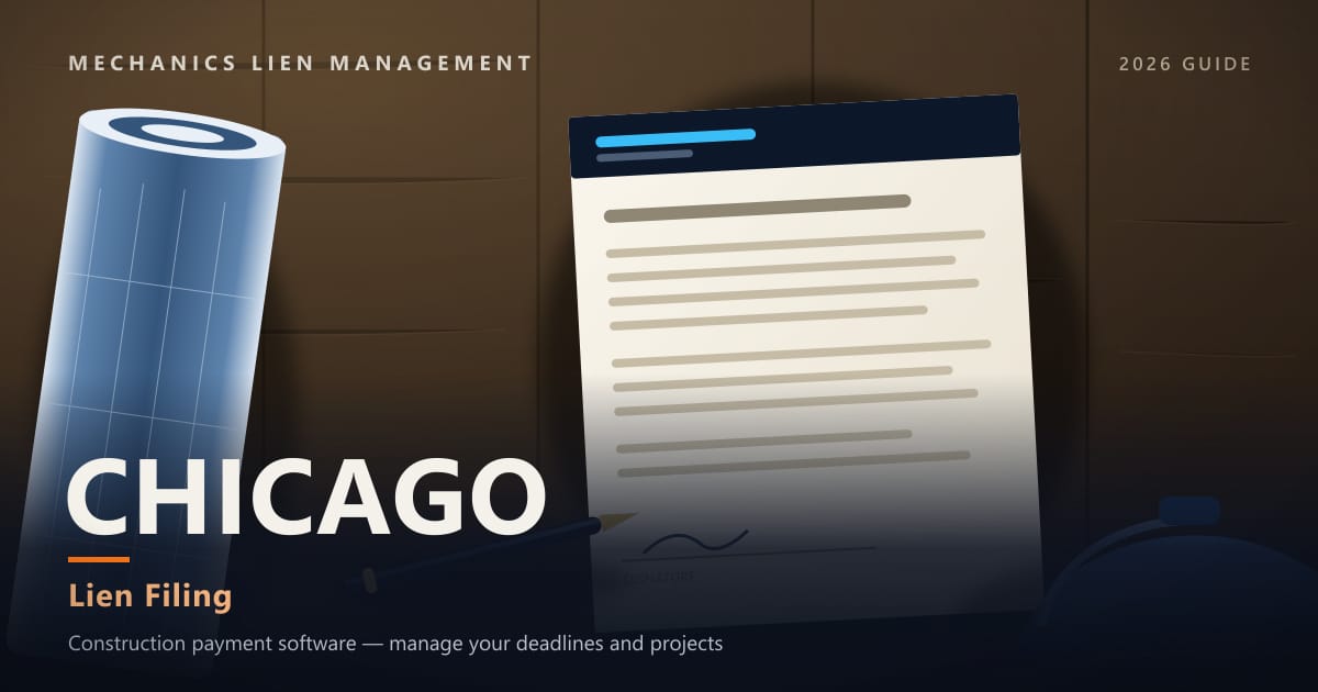 Lien Filing — construction paperwork on a site desk with a blueprint roll and hard hat (Mechanics Lien Management Lien Filing guide, 2026)