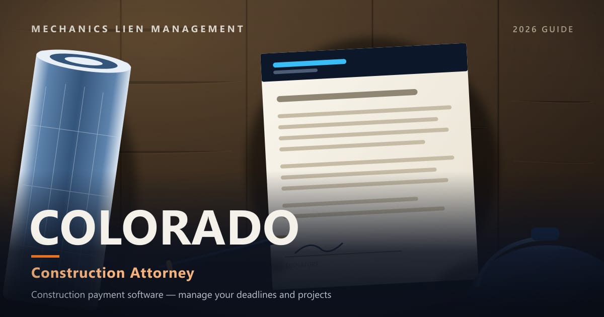 Colorado Construction Attorney — construction paperwork on a site desk with a blueprint roll and hard hat (Mechanics Lien Management Construction Attorney guide, 2026)