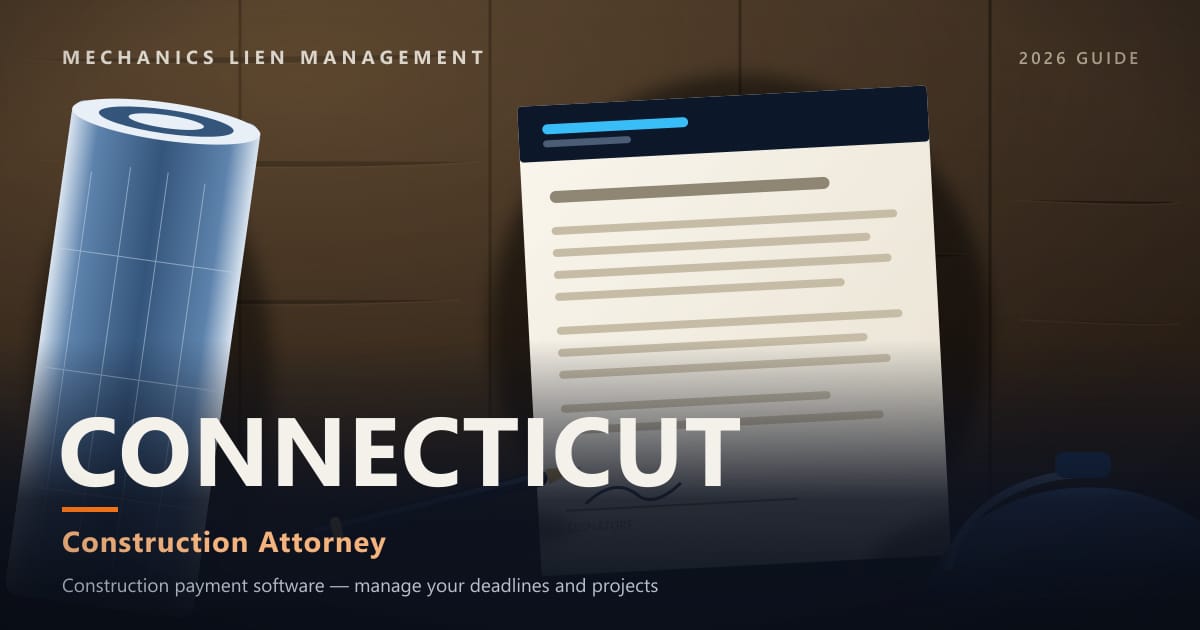 Connecticut Construction Attorney — construction paperwork on a site desk with a blueprint roll and hard hat (Mechanics Lien Management Construction Attorney guide, 2026)