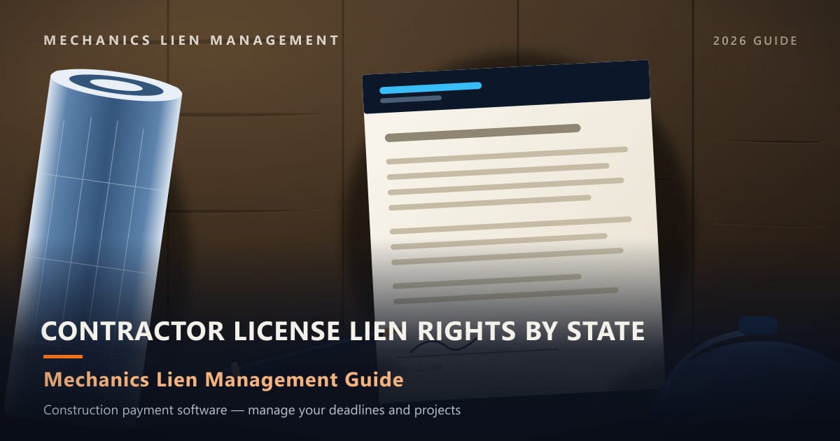 Contractor License Lien Rights by State — construction paperwork on a site desk with a blueprint roll and hard hat (Mechanics Lien Management Contractor License Lien Rights by State guide, 2026)