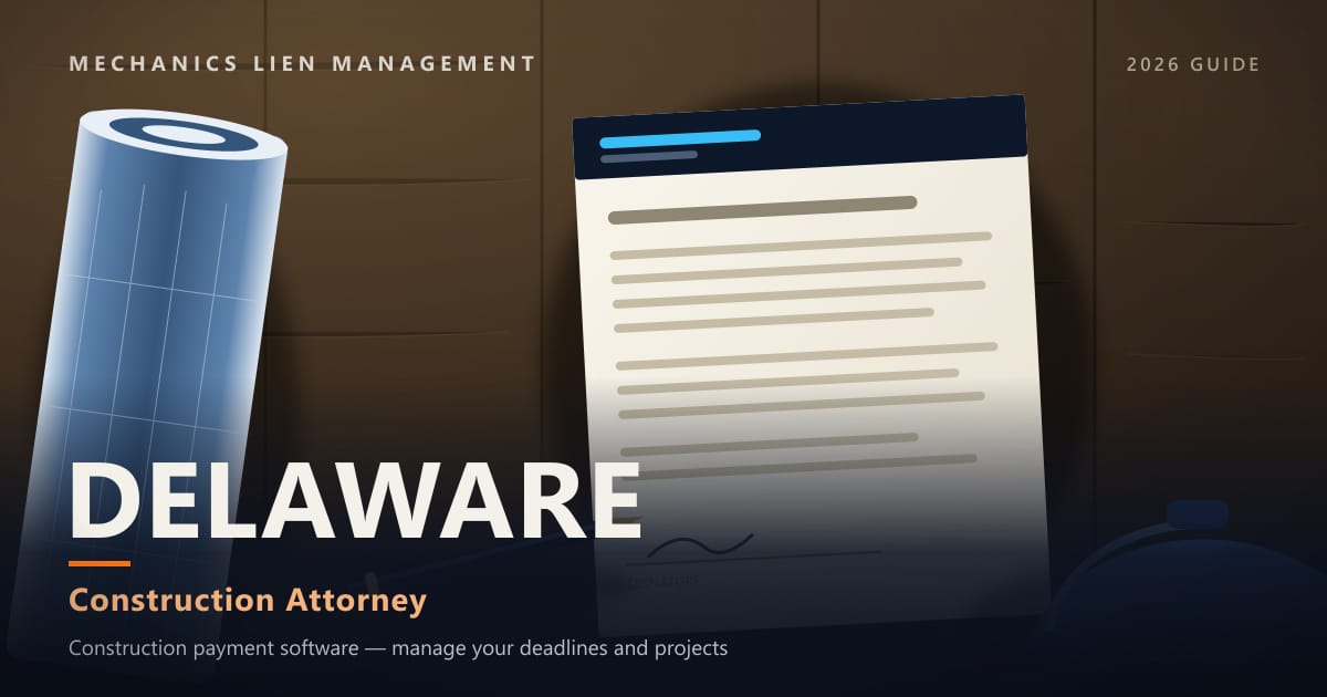 Delaware Construction Attorney — construction paperwork on a site desk with a blueprint roll and hard hat (Mechanics Lien Management Construction Attorney guide, 2026)
