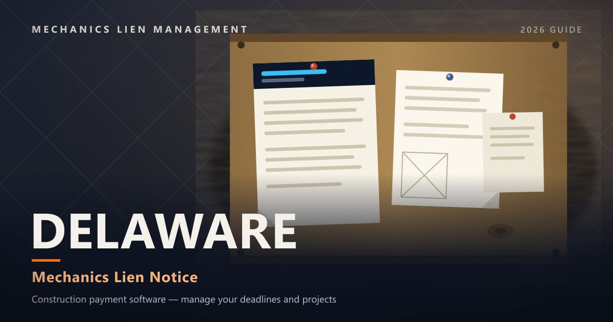 Delaware Mechanics Lien Notice — official construction notices posted on a jobsite permit board (Mechanics Lien Management Mechanics Lien Notice guide, 2026)