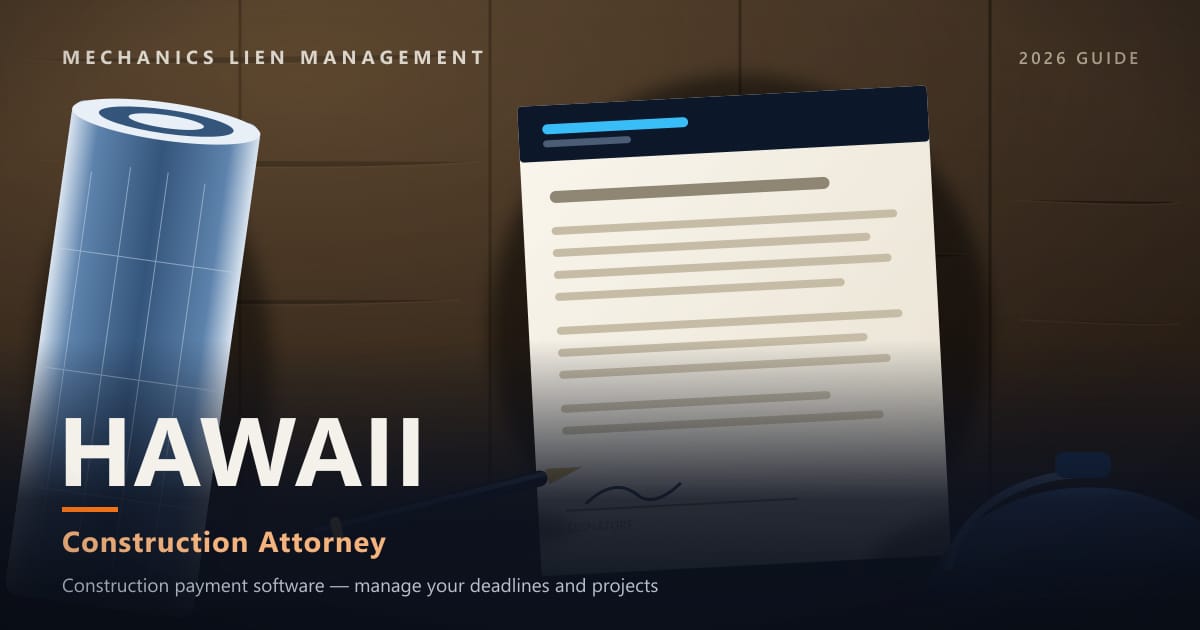 Hawaii Construction Attorney — construction paperwork on a site desk with a blueprint roll and hard hat (Mechanics Lien Management Construction Attorney guide, 2026)