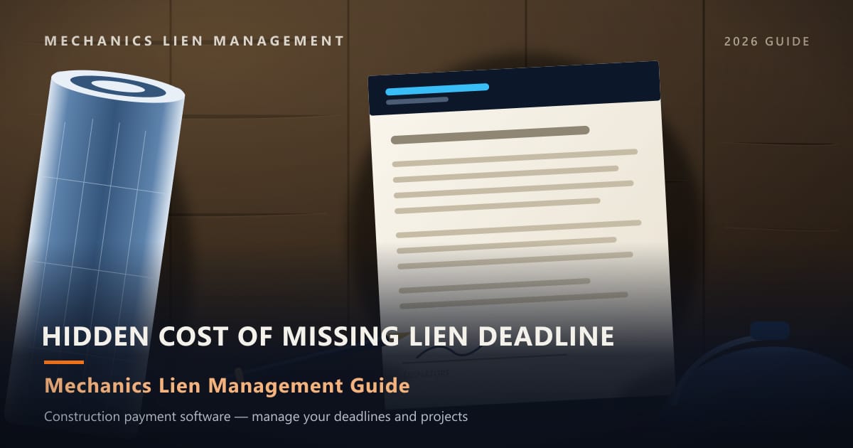 Hidden Cost of Missing Lien Deadline — construction paperwork on a site desk with a blueprint roll and hard hat (Mechanics Lien Management Hidden Cost of Missing Lien Deadline guide, 2026)