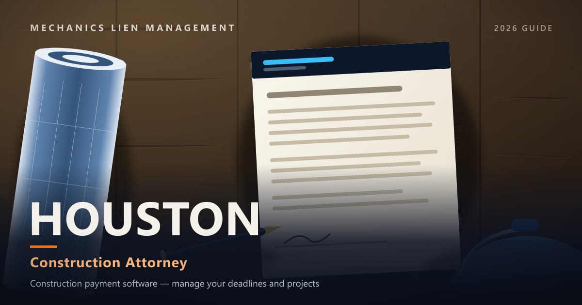Construction Attorney — construction paperwork on a site desk with a blueprint roll and hard hat (Mechanics Lien Management Construction Attorney guide, 2026)