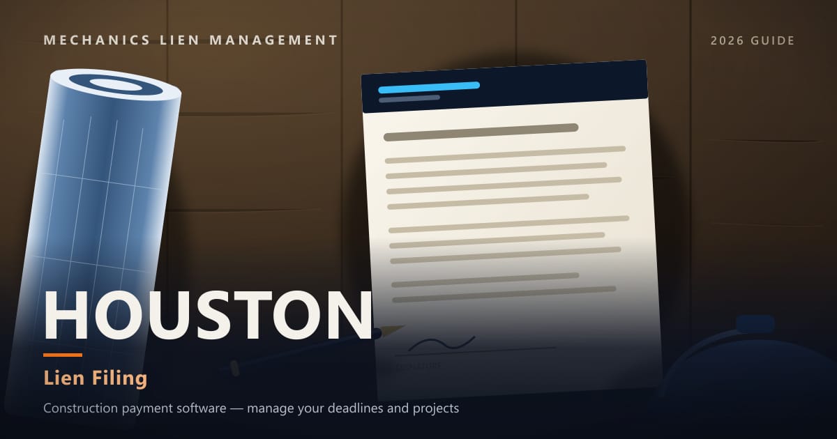 Lien Filing — construction paperwork on a site desk with a blueprint roll and hard hat (Mechanics Lien Management Lien Filing guide, 2026)