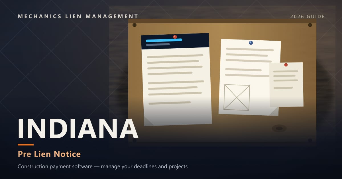 Indiana Pre Lien Notice — official construction notices posted on a jobsite permit board (Mechanics Lien Management Pre Lien Notice guide, 2026)