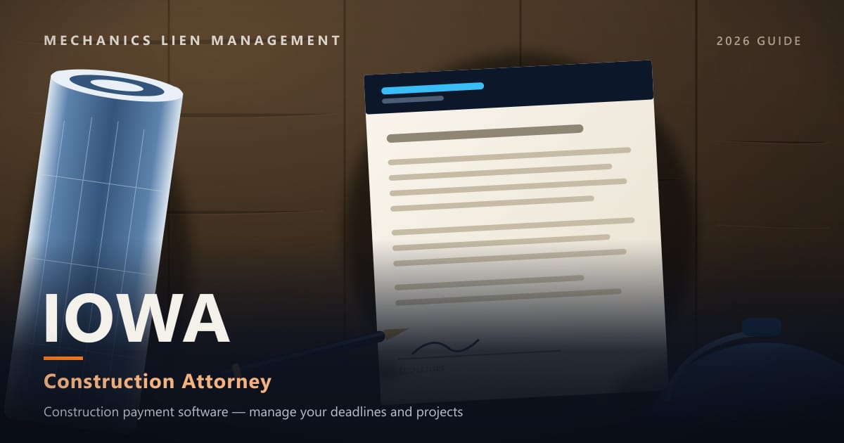 Iowa Construction Attorney — construction paperwork on a site desk with a blueprint roll and hard hat (Mechanics Lien Management Construction Attorney guide, 2026)
