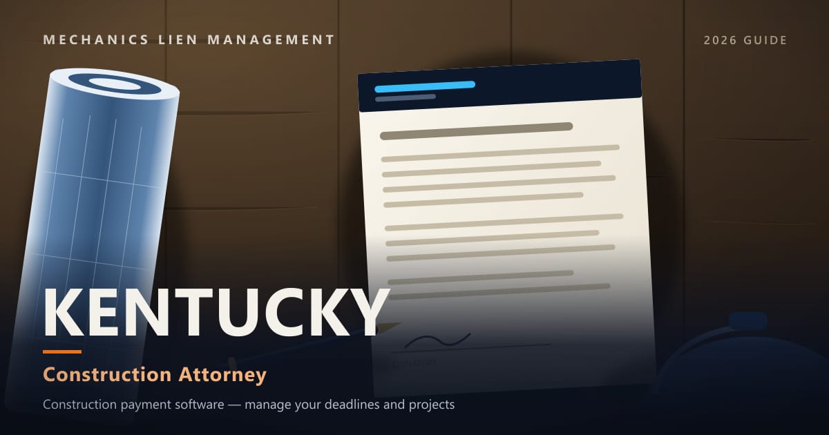 Kentucky Construction Attorney — construction paperwork on a site desk with a blueprint roll and hard hat (Mechanics Lien Management Construction Attorney guide, 2026)