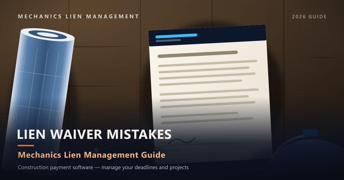 Lien Waiver Mistakes — construction paperwork on a site desk with a blueprint roll and hard hat (Mechanics Lien Management Lien Waiver Mistakes guide, 2026)