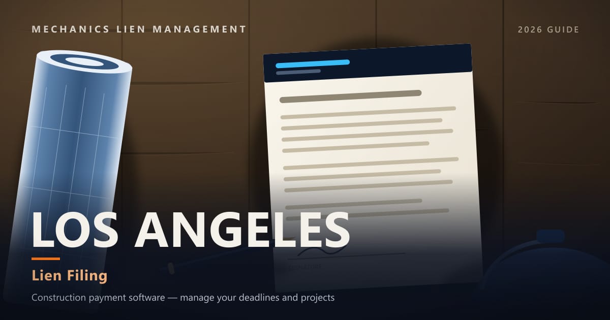 Lien Filing — construction paperwork on a site desk with a blueprint roll and hard hat (Mechanics Lien Management Lien Filing guide, 2026)