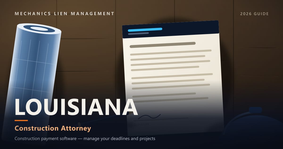 Louisiana Construction Attorney — construction paperwork on a site desk with a blueprint roll and hard hat (Mechanics Lien Management Construction Attorney guide, 2026)