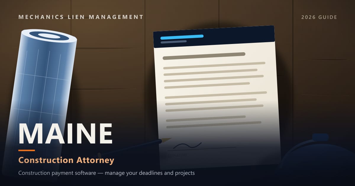 Maine Construction Attorney — construction paperwork on a site desk with a blueprint roll and hard hat (Mechanics Lien Management Construction Attorney guide, 2026)