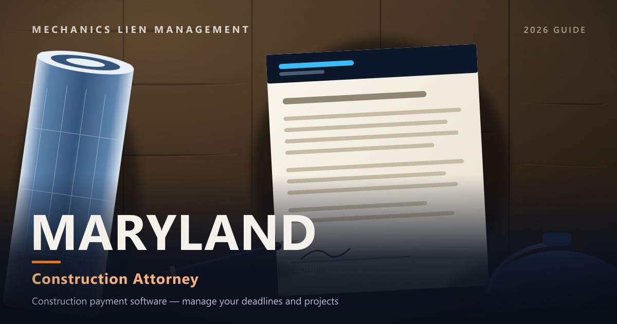 Maryland Construction Attorney — construction paperwork on a site desk with a blueprint roll and hard hat (Mechanics Lien Management Construction Attorney guide, 2026)