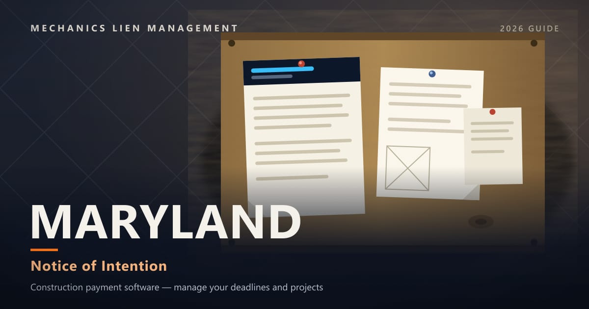 Maryland Notice of Intention — official construction notices posted on a jobsite permit board (Mechanics Lien Management Notice of Intention guide, 2026)