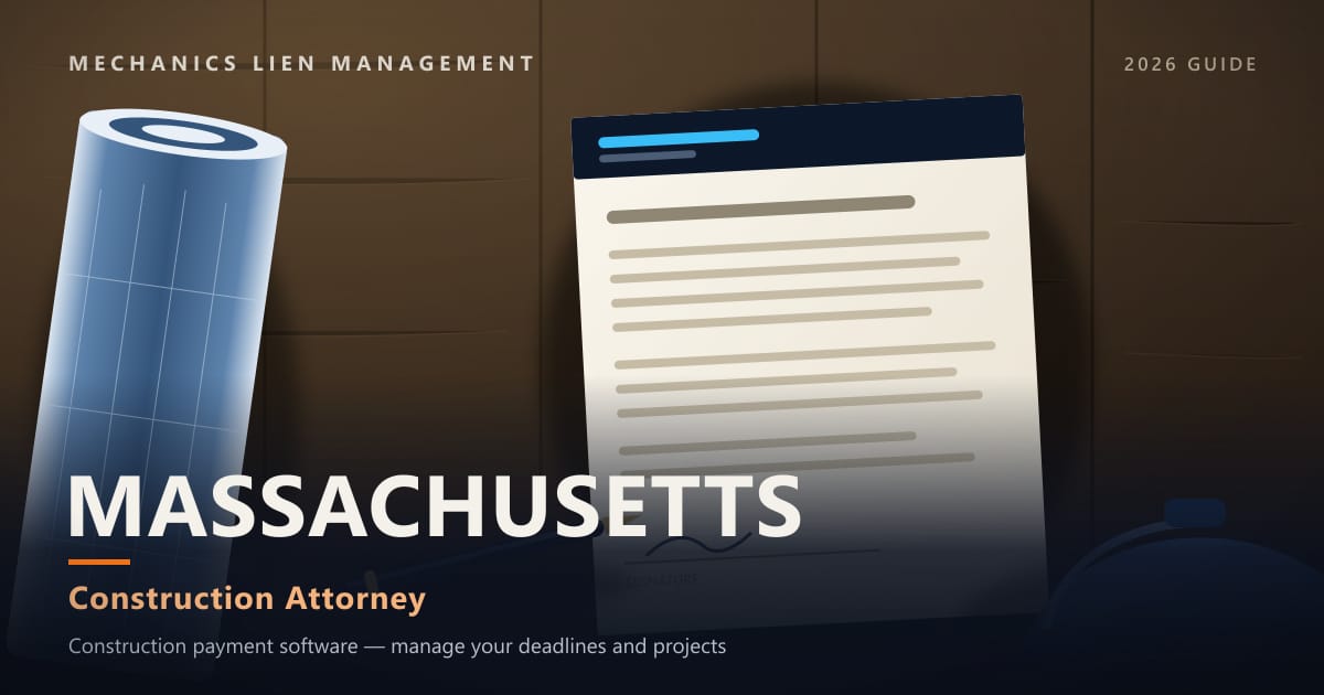 Massachusetts Construction Attorney — construction paperwork on a site desk with a blueprint roll and hard hat (Mechanics Lien Management Construction Attorney guide, 2026)
