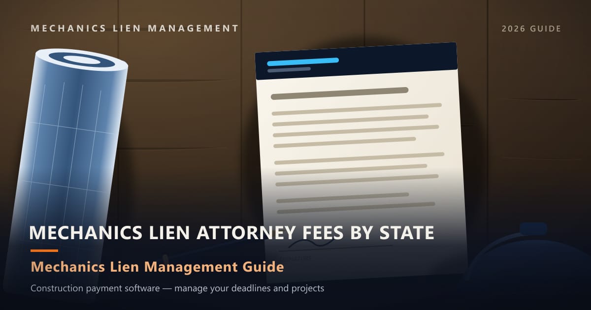 Mechanics Lien Attorney Fees by State — construction paperwork on a site desk with a blueprint roll and hard hat (Mechanics Lien Management Mechanics Lien Attorney Fees by State guide, 2026)