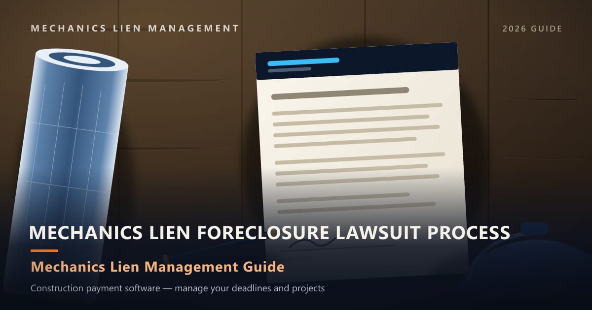Mechanics Lien Foreclosure Lawsuit Process — construction paperwork on a site desk with a blueprint roll and hard hat (Mechanics Lien Management Mechanics Lien Foreclosure Lawsuit Process guide, 2026)