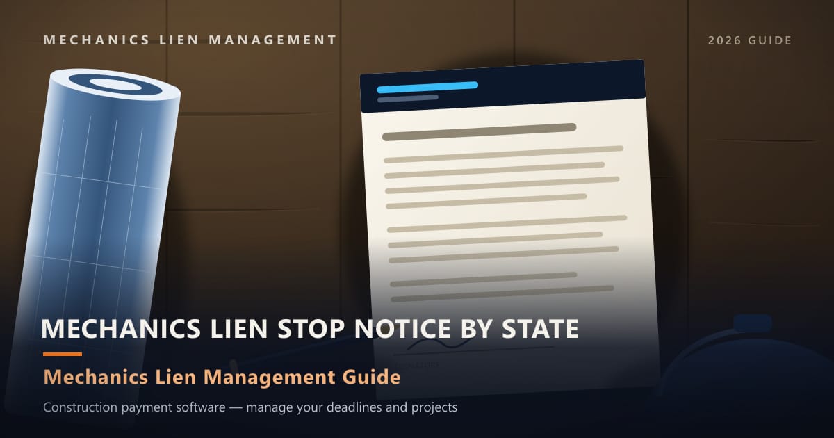 Mechanics Lien Stop Notice by State — construction paperwork on a site desk with a blueprint roll and hard hat (Mechanics Lien Management Mechanics Lien Stop Notice by State guide, 2026)