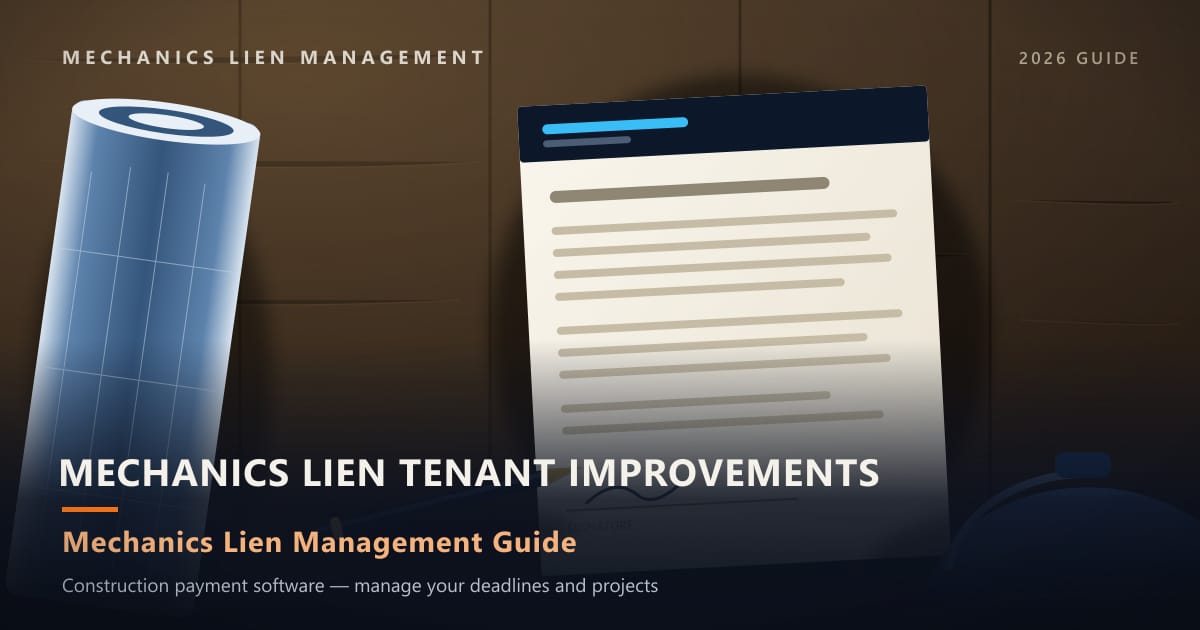 Mechanics Lien Tenant Improvements — construction paperwork on a site desk with a blueprint roll and hard hat (Mechanics Lien Management Mechanics Lien Tenant Improvements guide, 2026)