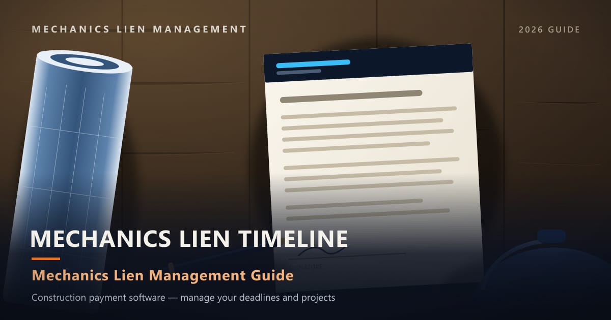 Mechanics Lien Timeline — construction paperwork on a site desk with a blueprint roll and hard hat (Mechanics Lien Management Mechanics Lien Timeline guide, 2026)