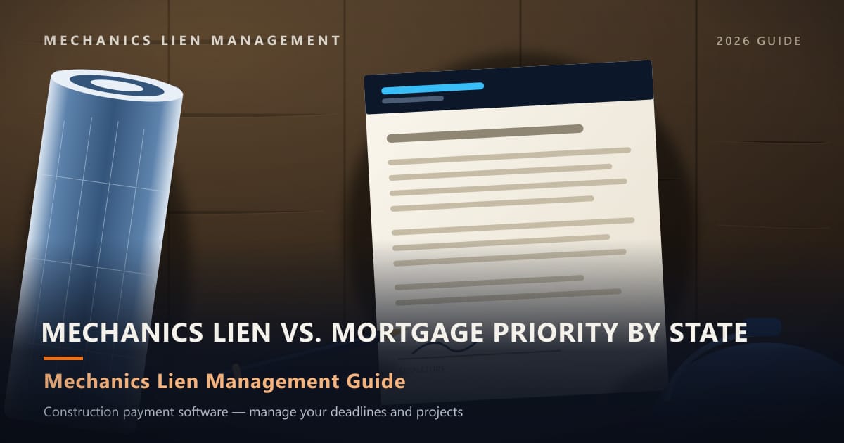 Mechanics Lien vs. Mortgage Priority by State — construction paperwork on a site desk with a blueprint roll and hard hat (Mechanics Lien Management Mechanics Lien vs. Mortgage Priority by State guide, 2026)