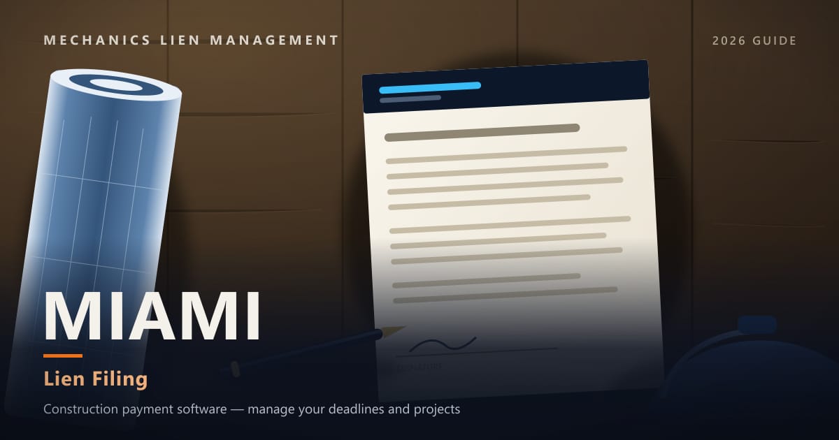 Lien Filing — construction paperwork on a site desk with a blueprint roll and hard hat (Mechanics Lien Management Lien Filing guide, 2026)