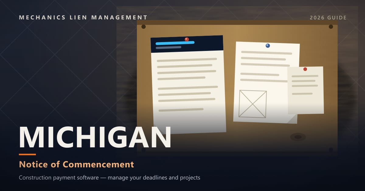 Michigan Notice of Commencement — official construction notices posted on a jobsite permit board (Mechanics Lien Management Notice of Commencement guide, 2026)
