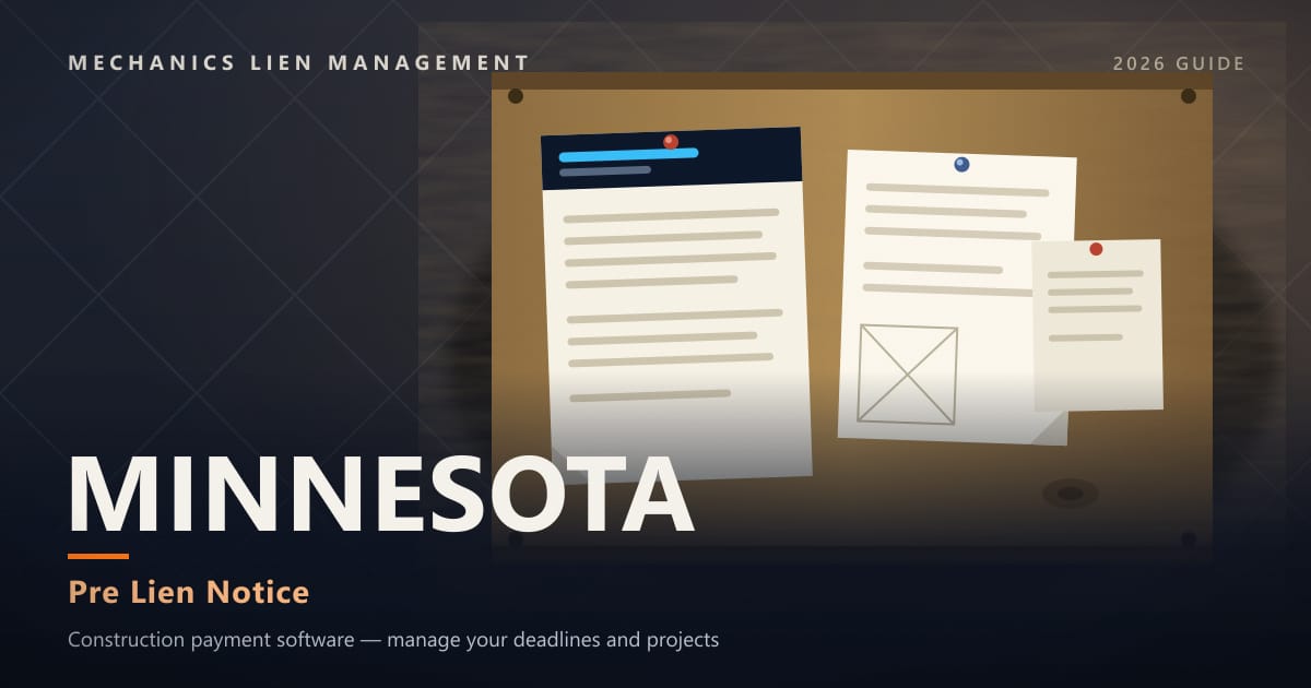 Minnesota Pre Lien Notice — official construction notices posted on a jobsite permit board (Mechanics Lien Management Pre Lien Notice guide, 2026)
