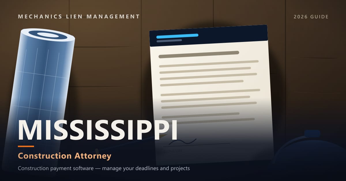 Mississippi Construction Attorney — construction paperwork on a site desk with a blueprint roll and hard hat (Mechanics Lien Management Construction Attorney guide, 2026)