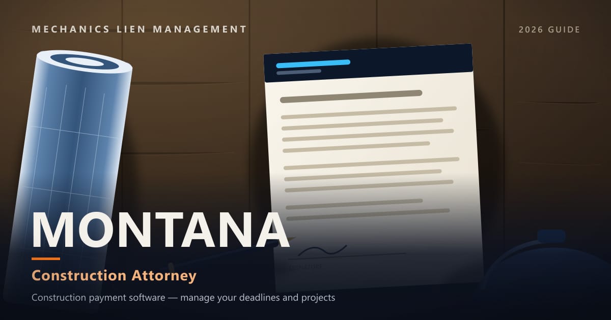 Montana Construction Attorney — construction paperwork on a site desk with a blueprint roll and hard hat (Mechanics Lien Management Construction Attorney guide, 2026)