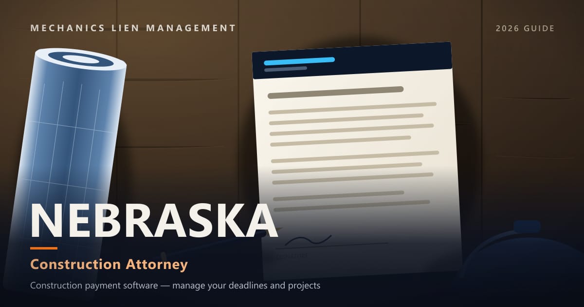 Nebraska Construction Attorney — construction paperwork on a site desk with a blueprint roll and hard hat (Mechanics Lien Management Construction Attorney guide, 2026)