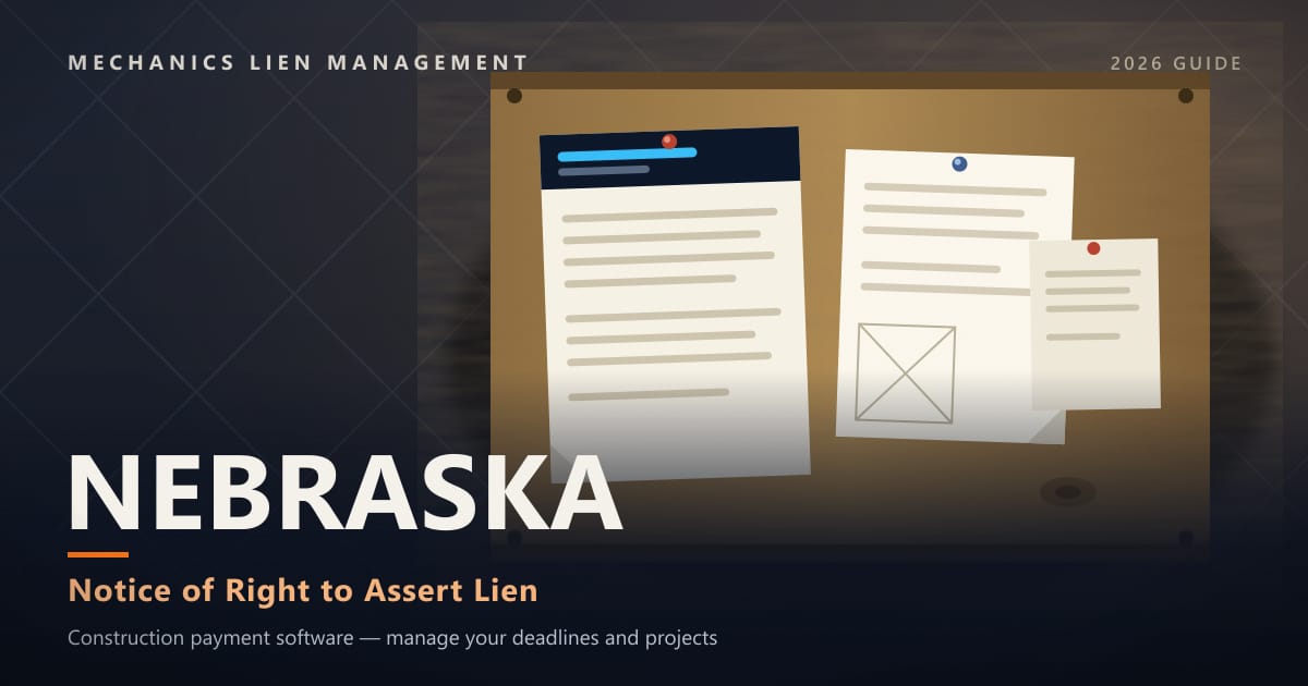 Nebraska Notice of Right to Assert Lien — official construction notices posted on a jobsite permit board (Mechanics Lien Management Notice of Right to Assert Lien guide, 2026)