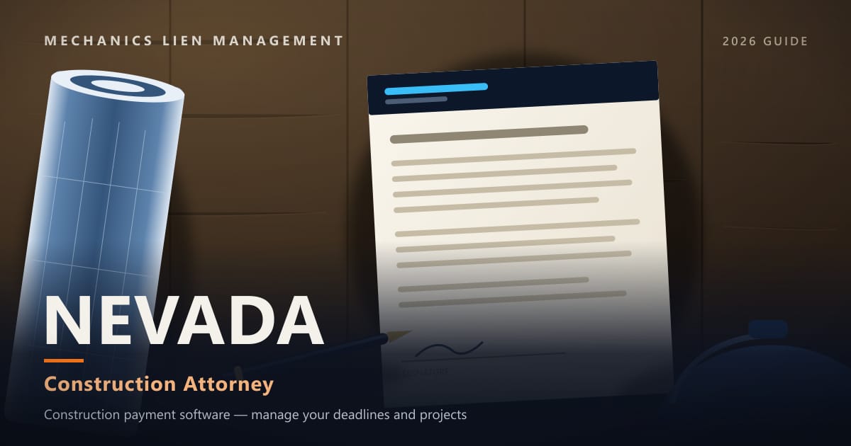 Nevada Construction Attorney — construction paperwork on a site desk with a blueprint roll and hard hat (Mechanics Lien Management Construction Attorney guide, 2026)