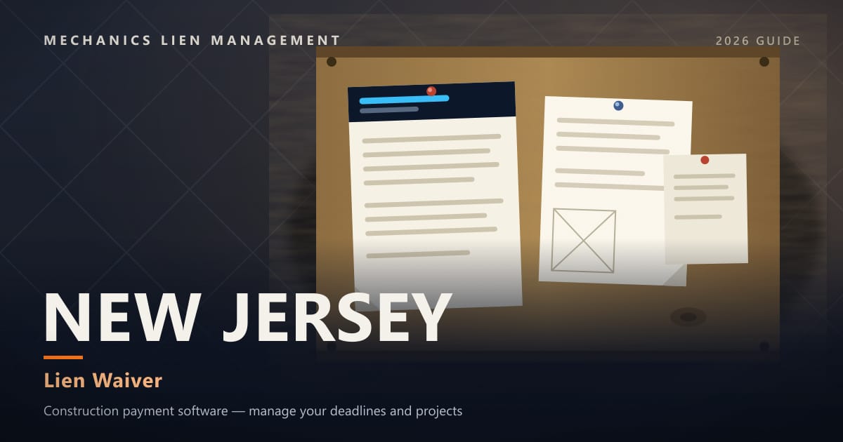 New Jersey Lien Waiver — official construction notices posted on a jobsite permit board (Mechanics Lien Management Lien Waiver guide, 2026)