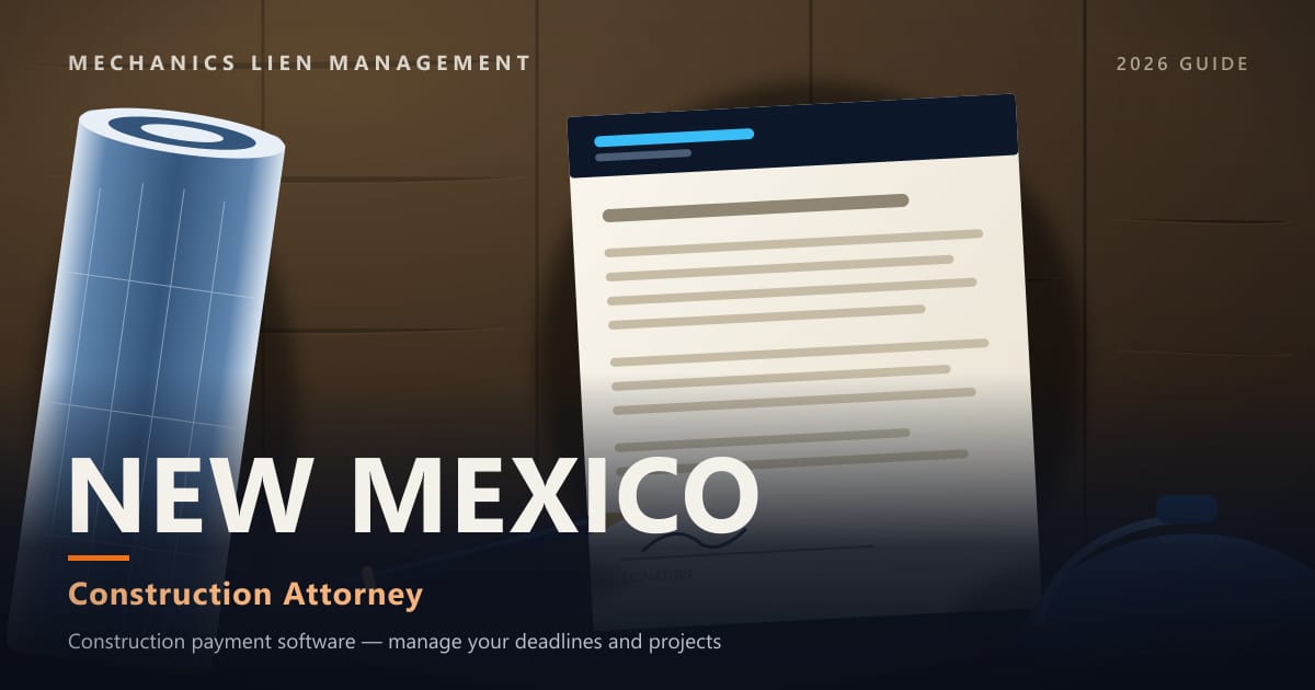New Mexico Construction Attorney — construction paperwork on a site desk with a blueprint roll and hard hat (Mechanics Lien Management Construction Attorney guide, 2026)