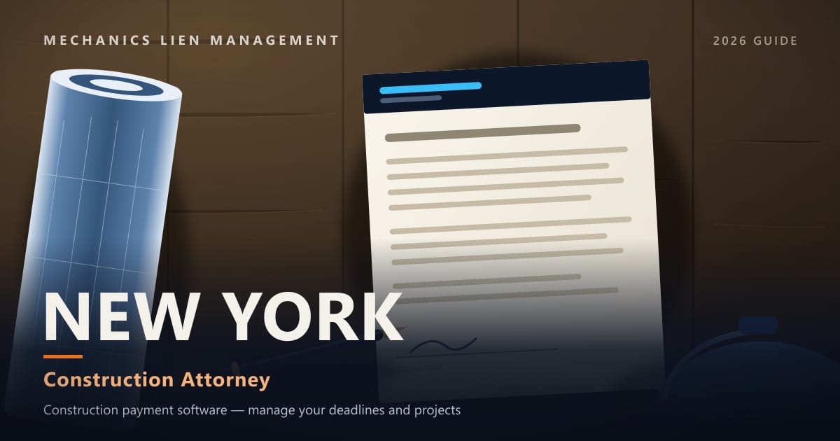 New York Construction Attorney — construction paperwork on a site desk with a blueprint roll and hard hat (Mechanics Lien Management Construction Attorney guide, 2026)