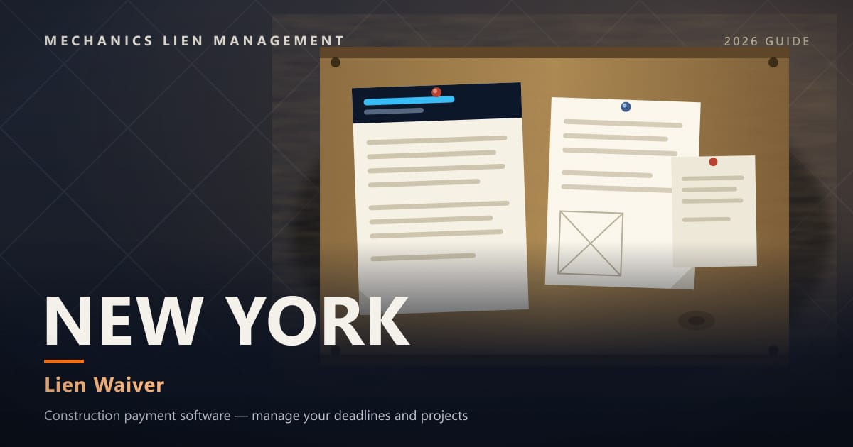 New York Lien Waiver — official construction notices posted on a jobsite permit board (Mechanics Lien Management Lien Waiver guide, 2026)