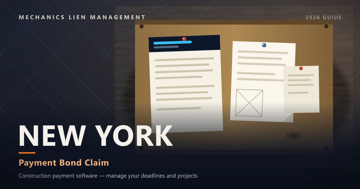 New York Payment Bond Claim — official construction notices posted on a jobsite permit board (Mechanics Lien Management Payment Bond Claim guide, 2026)
