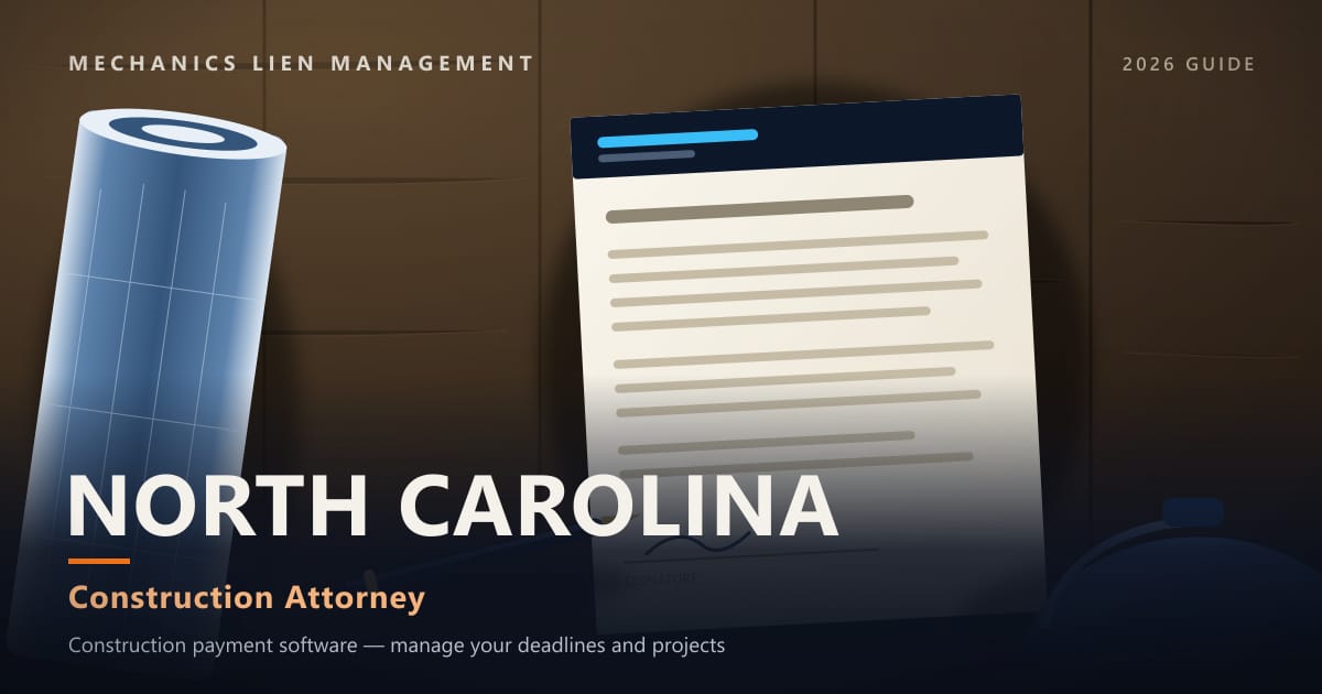 North Carolina Construction Attorney — construction paperwork on a site desk with a blueprint roll and hard hat (Mechanics Lien Management Construction Attorney guide, 2026)