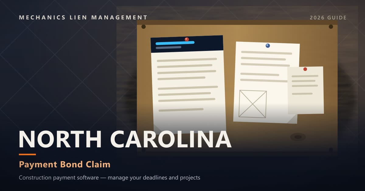 North Carolina Payment Bond Claim — official construction notices posted on a jobsite permit board (Mechanics Lien Management Payment Bond Claim guide, 2026)