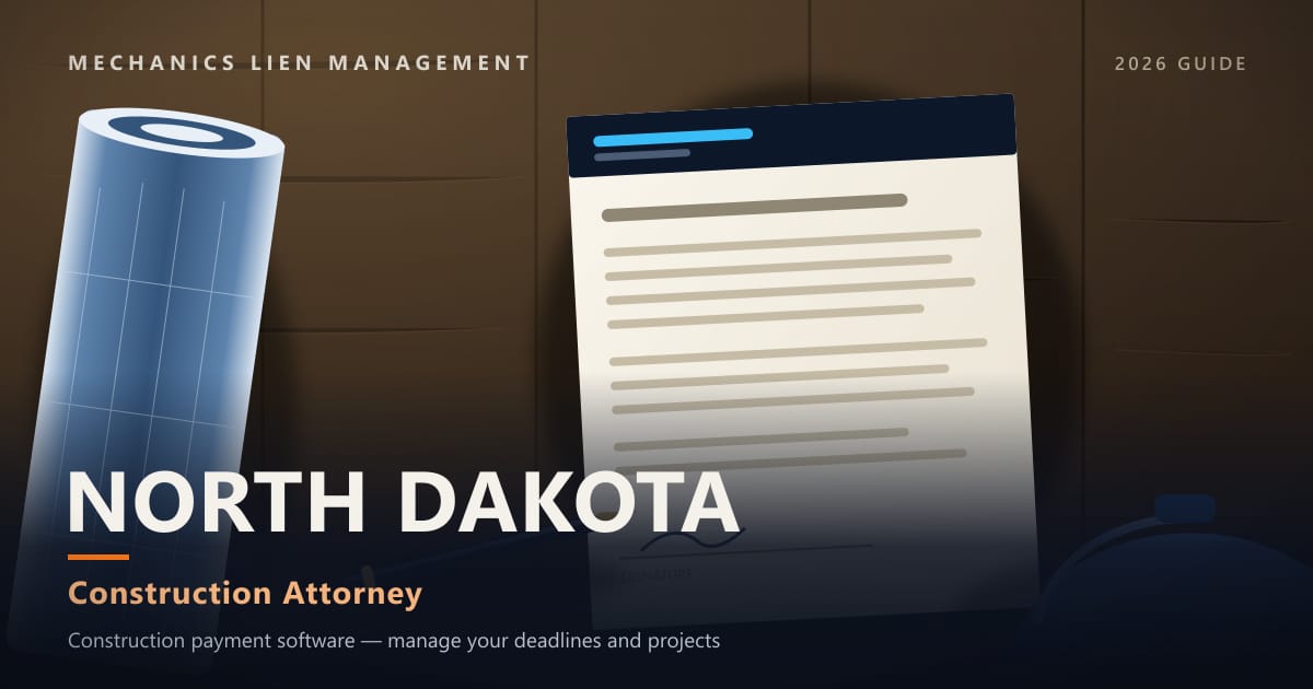 North Dakota Construction Attorney — construction paperwork on a site desk with a blueprint roll and hard hat (Mechanics Lien Management Construction Attorney guide, 2026)